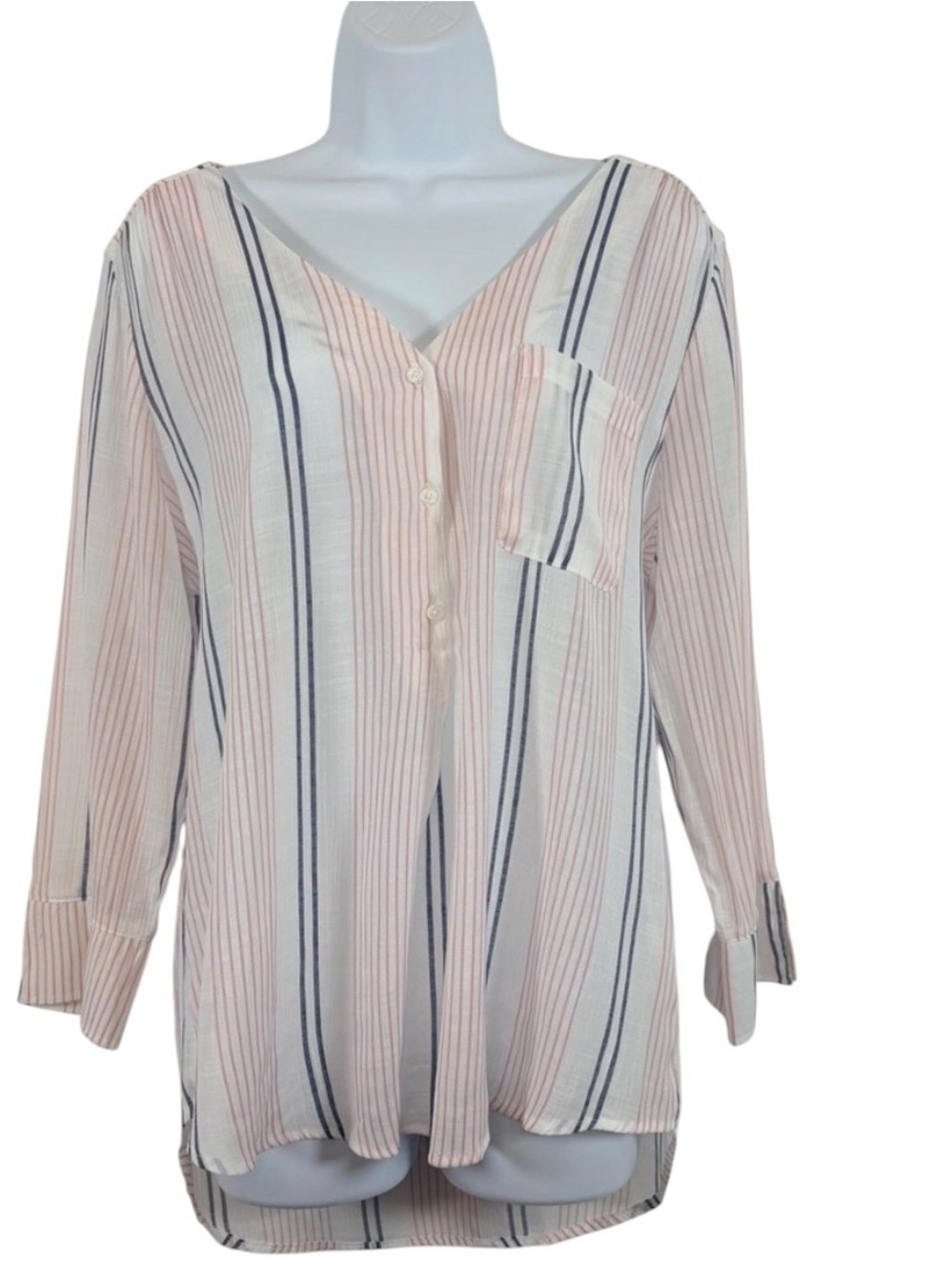 Como Blu Striped V Neck Button Front Blouse Pink Blue White Large Coastal Beachy